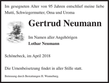 Traueranzeige von Gertrud Neumann  von Magdeburger Volksstimme