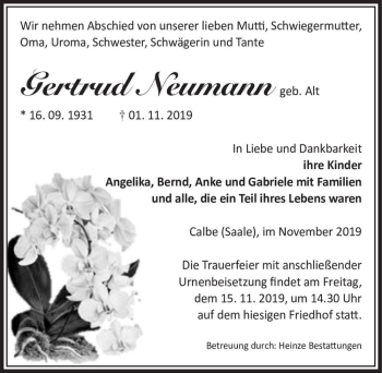 Traueranzeige von Gertrud Neumann (geb. Alt)  von Magdeburger Volksstimme