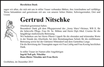 Traueranzeige von Gertrud Nitschke  von Magdeburger Volksstimme
