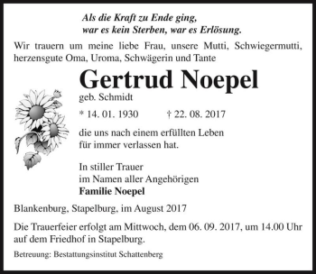 Traueranzeige von Gertrud Noepel (geb. Schmidt)  von Magdeburger Volksstimme