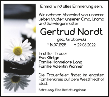 Traueranzeige von Gertrud Nordt (geb. Grabowski)  von Magdeburger Volksstimme