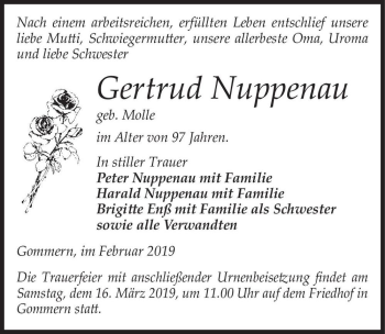 Traueranzeige von Gertrud Nuppenau (geb. Molle)  von Magdeburger Volksstimme
