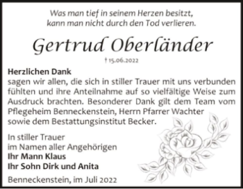 Traueranzeige von Gertrud Oberländer  von Magdeburger Volksstimme