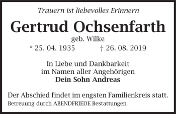 Traueranzeige von Gertrud Ochsenfarth (geb. Wilke)  von Magdeburger Volksstimme