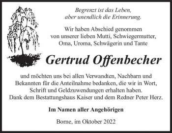 Traueranzeige von Gertrud Offenbecher  von Magdeburger Volksstimme