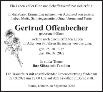 Traueranzeige von Gertrud Offenbecher (geb. Föllner)  von Magdeburger Volksstimme