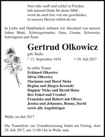 Traueranzeige von Gertrud Olkowicz (geb. Radis)  von Magdeburger Volksstimme