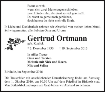 Traueranzeige von Gertrud Ortmann (geb. Koalick)  von Magdeburger Volksstimme