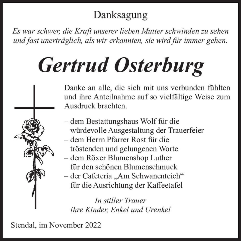  Traueranzeige für Gertrud Osterburg  vom 19.11.2022 aus Magdeburger Volksstimme