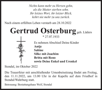 Traueranzeige von Gertrud Osterburg (geb. Lüders)  von Magdeburger Volksstimme