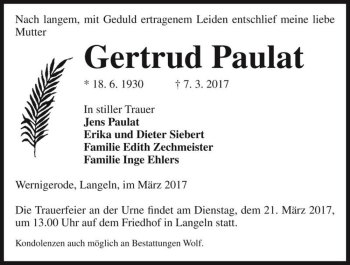 Traueranzeige von Gertrud Paulat  von Magdeburger Volksstimme