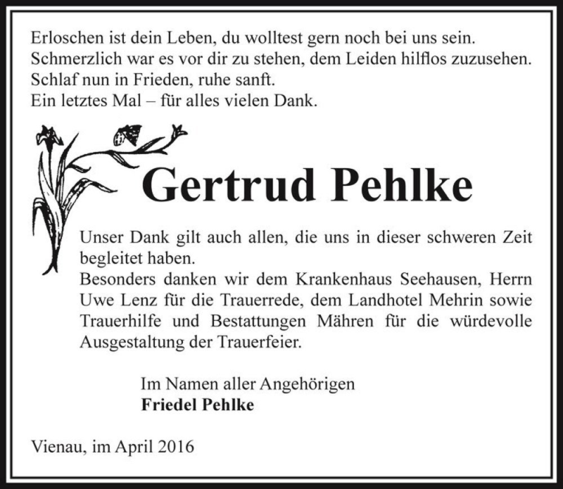  Traueranzeige für Gertrud Pehlke  vom 30.04.2016 aus Magdeburger Volksstimme
