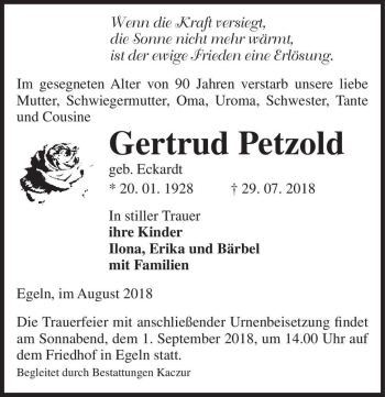 Traueranzeige von Gertrud Petzold (geb. Eckardt)  von Magdeburger Volksstimme