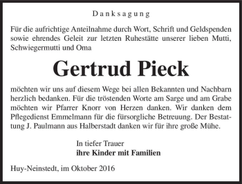Traueranzeige von Gertrud Pieck  von Magdeburger Volksstimme