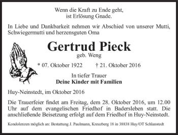 Traueranzeige von Gertrud Pieck (geb. Weng)  von Magdeburger Volksstimme