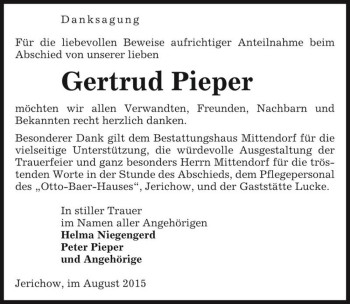 Traueranzeige von Gertrud Pieper  von Magdeburger Volksstimme