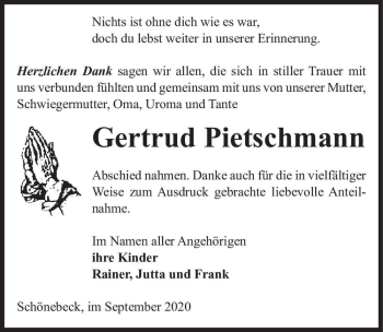 Traueranzeige von Gertrud Pietschmann  von Magdeburger Volksstimme