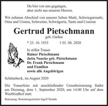 Traueranzeige von Gertrud Pietschmann (geb. Gailun)  von Magdeburger Volksstimme