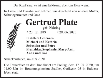 Traueranzeige von Gertrud Plate (geb. Nehring)  von Magdeburger Volksstimme