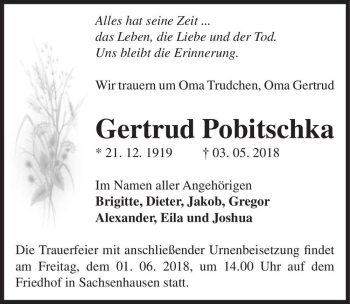 Traueranzeige von Gertrud Pobitschka  von Magdeburger Volksstimme