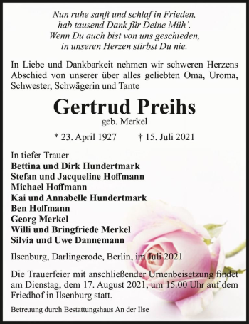 Traueranzeige von Gertrud Preihs (geb. Merkel)  von Magdeburger Volksstimme