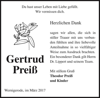 Traueranzeige von Gertrud Preiß  von Magdeburger Volksstimme