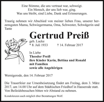 Traueranzeige von Gertrud Preiß (geb. Lucke)  von Magdeburger Volksstimme
