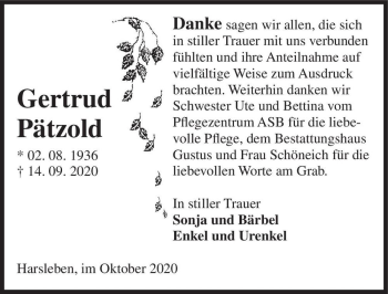 Traueranzeige von Gertrud Pätzold  von Magdeburger Volksstimme