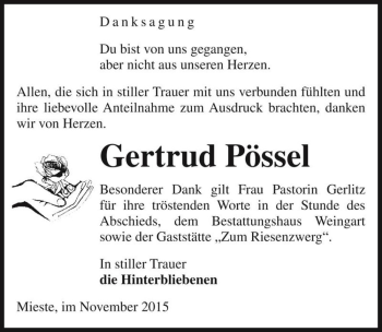 Traueranzeige von Gertrud Pössel  von Magdeburger Volksstimme