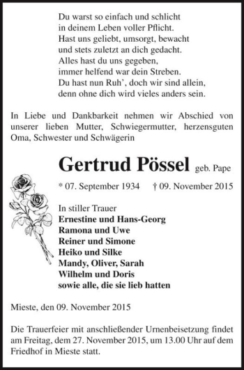 Traueranzeige von Gertrud Pössel (geb. Pape)  von Magdeburger Volksstimme
