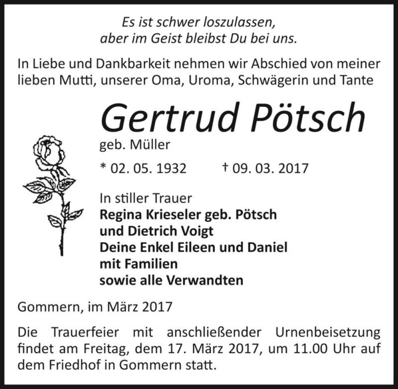  Traueranzeige für Gertrud Pötsch (geb. Müller)  vom 11.03.2017 aus Magdeburger Volksstimme