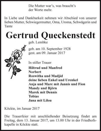 Traueranzeige von Gertrud Queckenstedt (geb. Lembke)  von Magdeburger Volksstimme