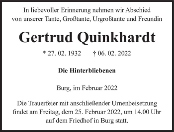 Traueranzeige von Gertrud Quinkhardt  von Magdeburger Volksstimme