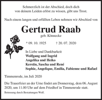 Traueranzeige von Gertrud Raab (geb. Könnecke)  von Magdeburger Volksstimme