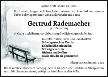 Traueranzeige von Gertrud Rademacher (geb. Bensching)  von Magdeburger Volksstimme