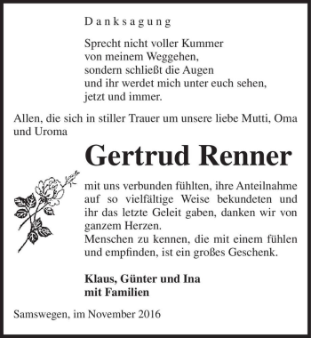 Traueranzeige von Gertrud Renner  von Magdeburger Volksstimme