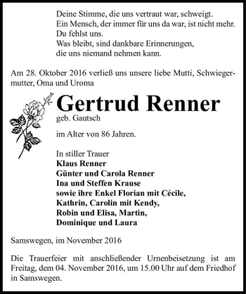 Traueranzeige von Gertrud Renner (geb. Gautsch)  von Magdeburger Volksstimme