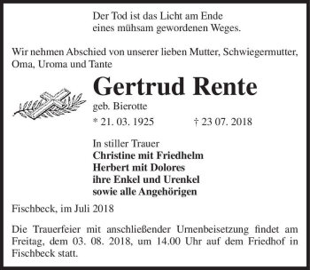 Traueranzeige von Gertrud Rente (geb. Bierotte)  von Magdeburger Volksstimme
