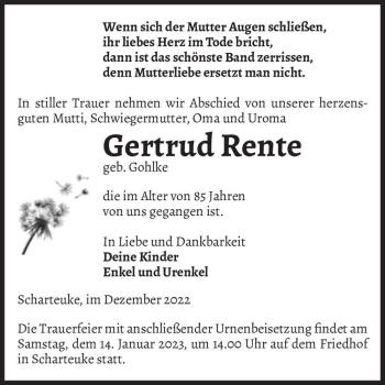 Traueranzeige von Gertrud Rente (geb. Gohlke)  von Magdeburger Volksstimme