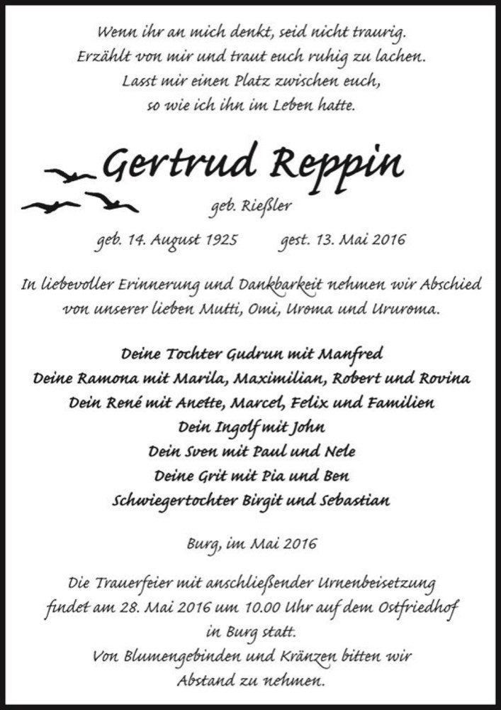  Traueranzeige für Gertrud Reppin (geb. Rießler)  vom 21.05.2016 aus Magdeburger Volksstimme