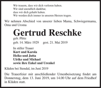 Traueranzeige von Gertrud Reschke (geb. Plötz)  von Magdeburger Volksstimme