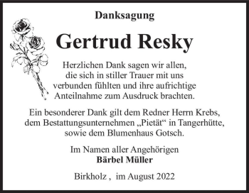 Traueranzeige von Gertrud Resky  von Magdeburger Volksstimme