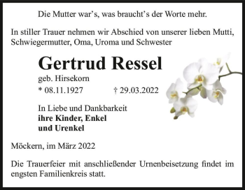Traueranzeige von Gertrud Ressel (geb. Hirsekorn)  von Magdeburger Volksstimme
