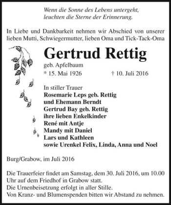 Traueranzeige von Gertrud Rettig (geb. Apfelbaum)  von Magdeburger Volksstimme
