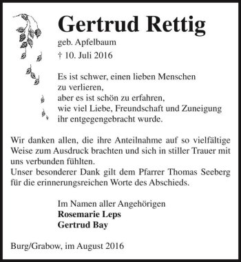 Traueranzeige von Gertrud Rettig (geb. Apfelbaum)  von Magdeburger Volksstimme