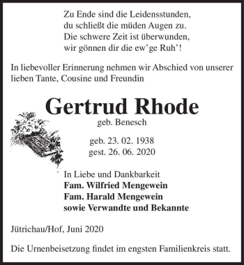 Traueranzeige von Gertrud Rhode (geb. Benesch)  von Magdeburger Volksstimme