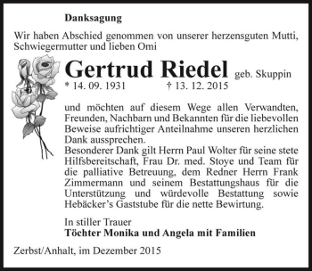 Traueranzeige von Gertrud Riedel (geb. Skuppin)  von Magdeburger Volksstimme