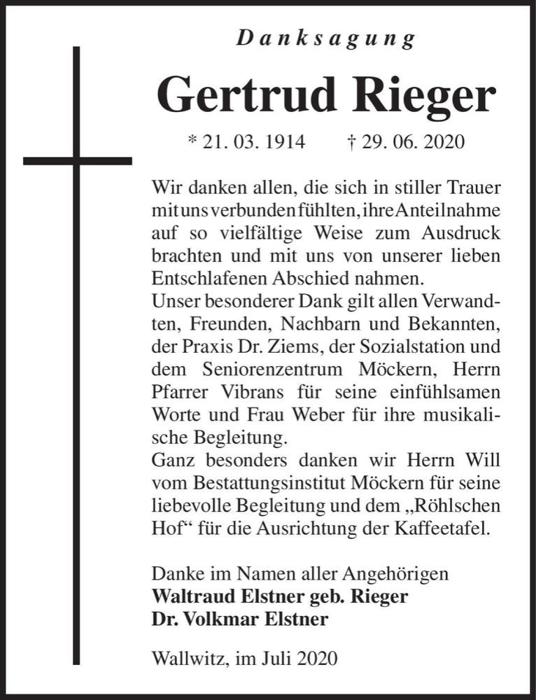  Traueranzeige für Gertrud Rieger  vom 25.07.2020 aus Magdeburger Volksstimme