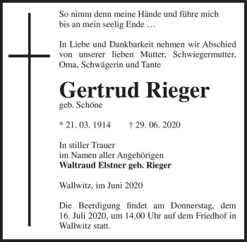 Traueranzeige von Gertrud Rieger (geb. Schöne)  von Magdeburger Volksstimme