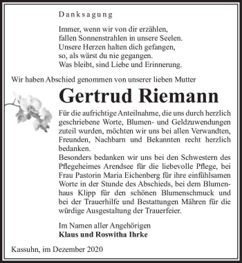 Traueranzeige von Gertrud Riemann  von Magdeburger Volksstimme